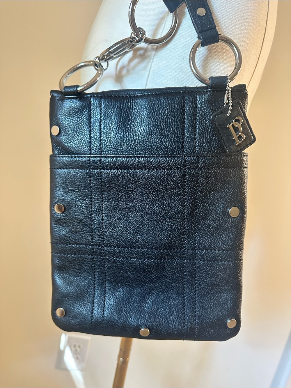Bolzano Black Soft Leather Crossbody Bag Silver Hardware Studded Y2K - Picture 14 of 14